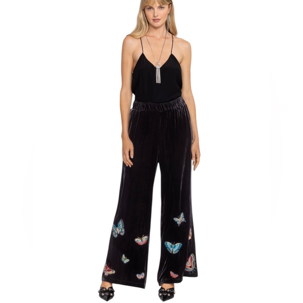 JOHNNY WAS Luciana Seamed Wide Leg Velvet Pant Embroidered Butterflies Size XS